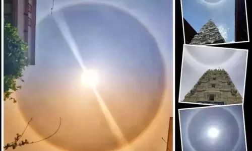 Ring Around Sun in Bhadradri Kothagudem: ఆకాశంలో అద్భుతం..భద్రాద్రి రామాలయ శిఖరంపై కాంతి పుంజం!