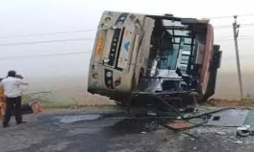 The private bus collided with a culvert and overturned The private bus collided with a culvert and overturned