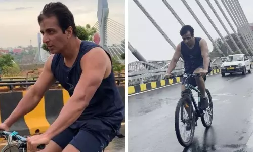 Sonu Sood Went on a Bicycle to Megastar Chiranjeevis Aacharya Movie Sets Sonu Sood Went on a Bicycle to Megastar Chiranjeevis Aacharya Movie Sets