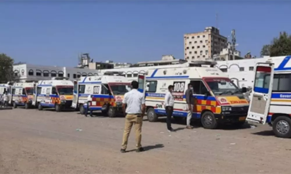 Ambulances Queue with Corona Patients Infront of Gandhi Hospital