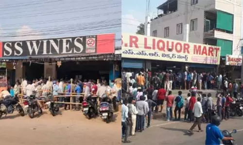 Heavy Rush at wine Shops After Lockdown Announcement in Telangana Heavy Rush at wine Shops After Lockdown Announcement in Telangana