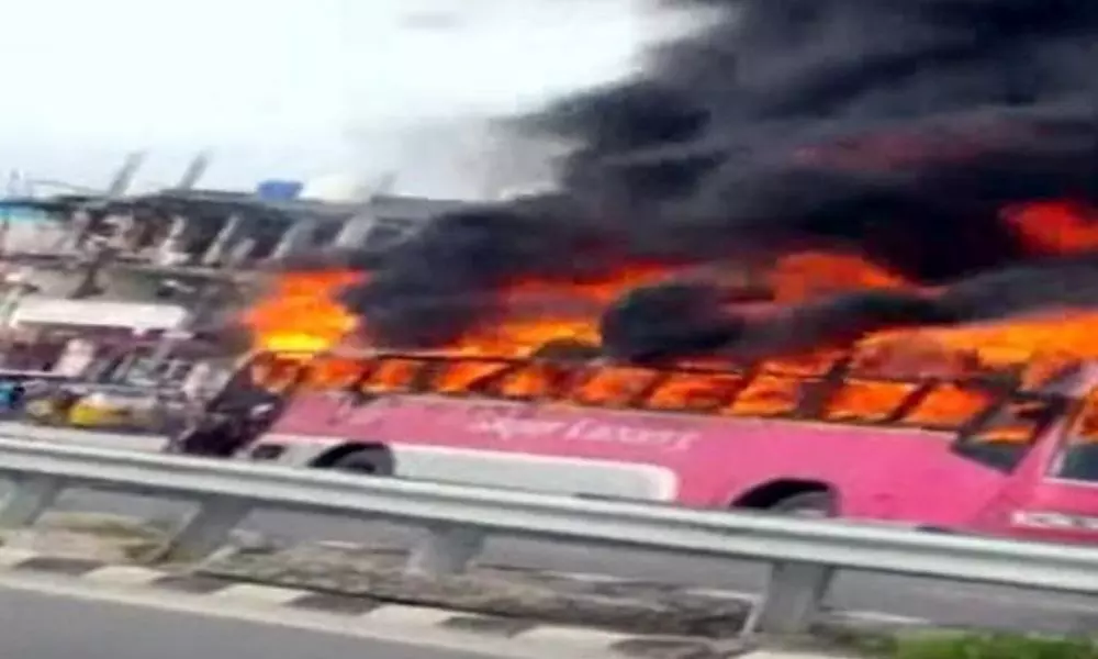 Bus Catches Fire at Warangal Hyderabad Highway