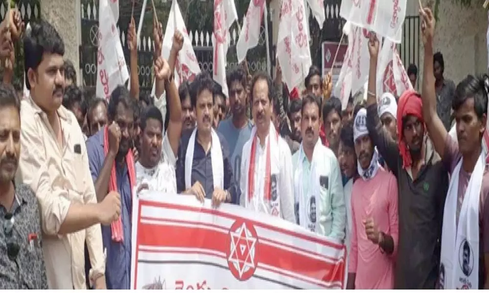 Jana Sena Party Activists Protest at Somajiguda Press Club
