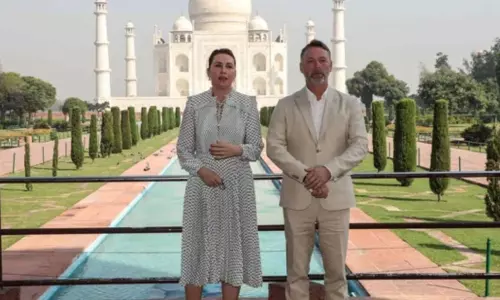 Denmark PM Mette Fredericksen Visits the Taj Mahal with her Husband Denmark PM Mette Fredericksen Visits the Taj Mahal with her Husband