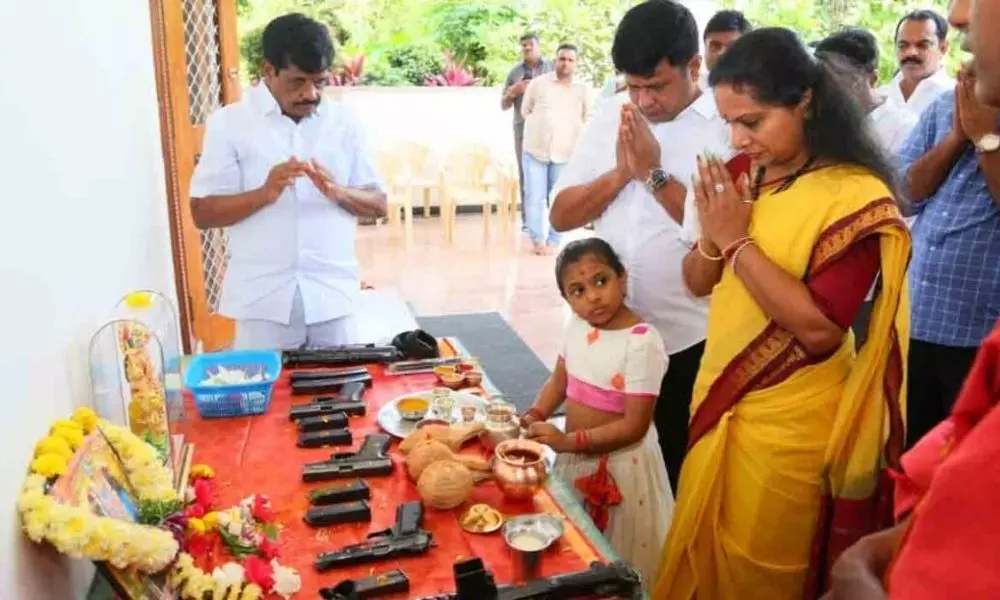 MLC Kavitha Participated in Ayudha Puja with her Husband Anil as Part of Dussehra Festival