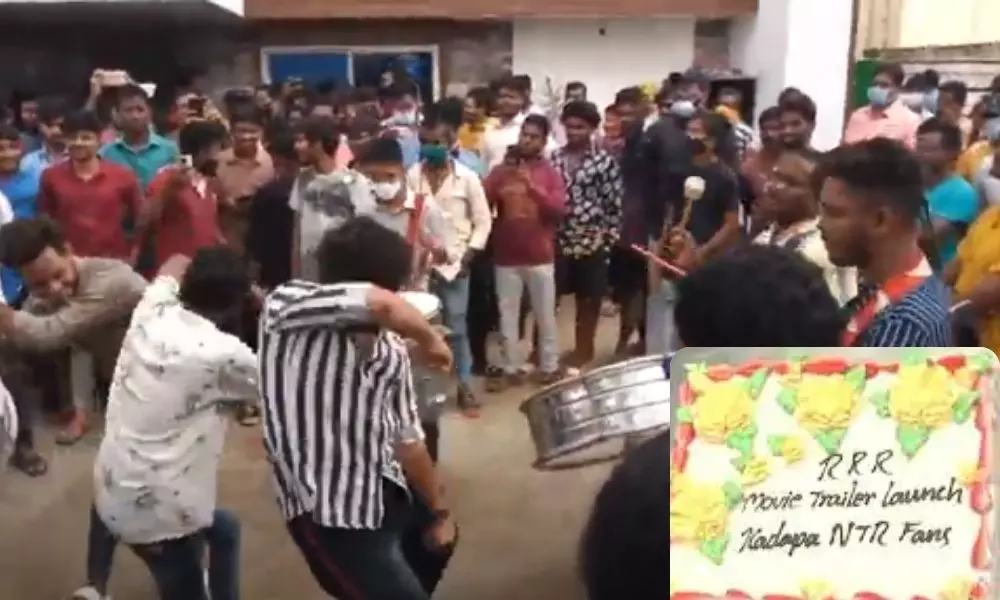 Fans Celebrating the RRR Movie Trailer in Kadapa