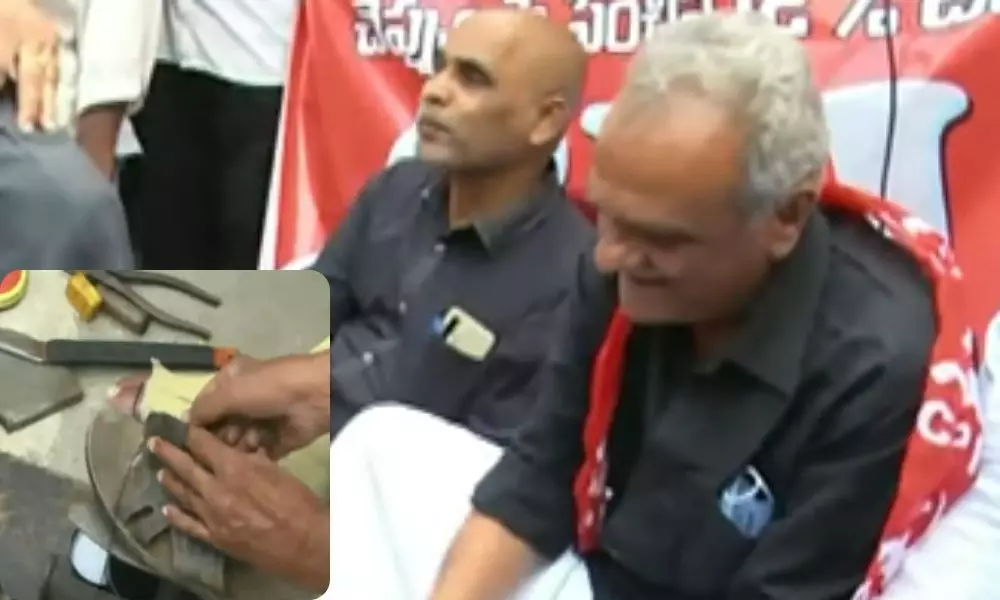 CPI National Secretary Narayana Polished Shoes Against the Imposition of GST on Footwear