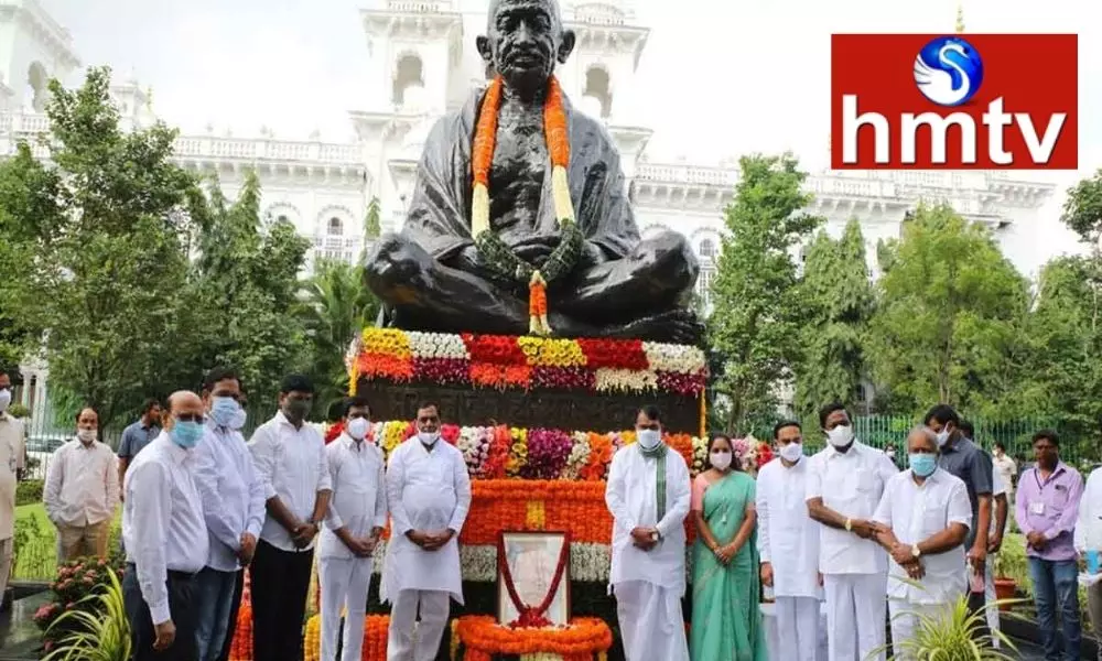 Tributes to the Bapuji statue in the Assembly premises