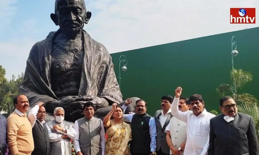 TRS MPs protest at Gandhi statue on Parliament Premises