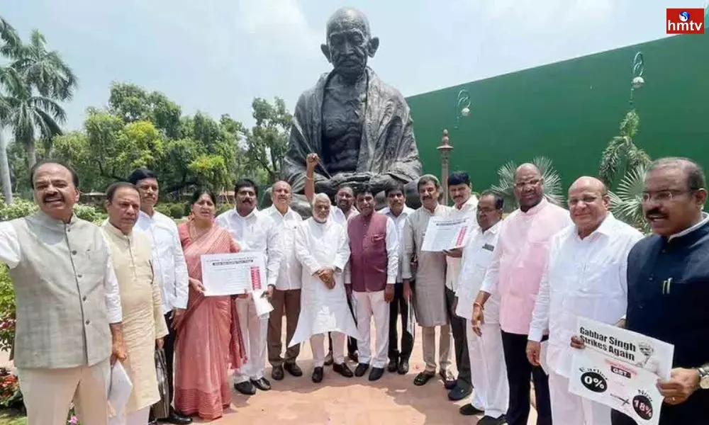 TRS MPs Agitation at Gandhi Statue in Parliament