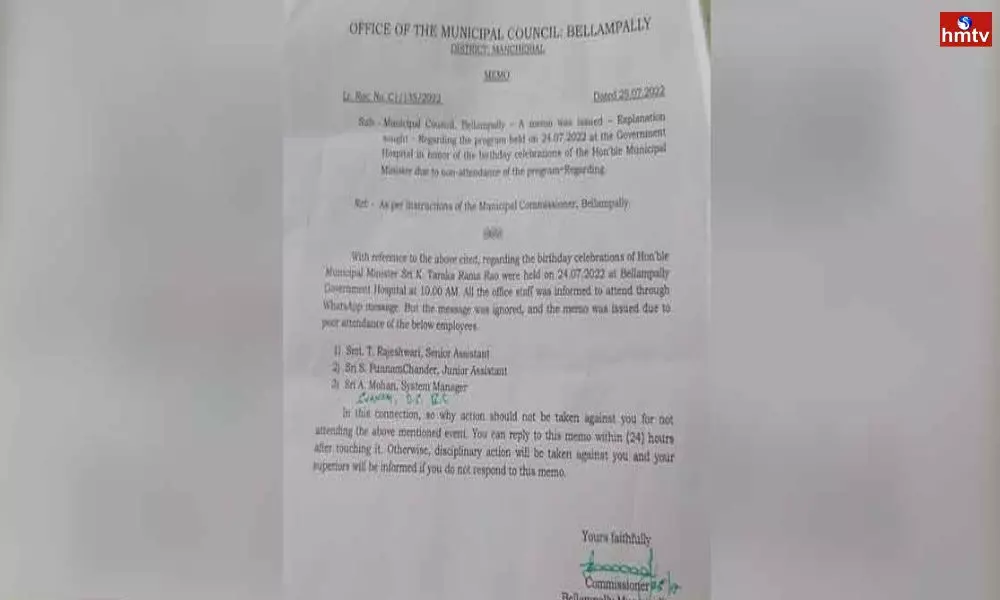 Municipal Commissioner Issues Show Cause Notice To Staff For Not Attending KTR Birthday Celebrations