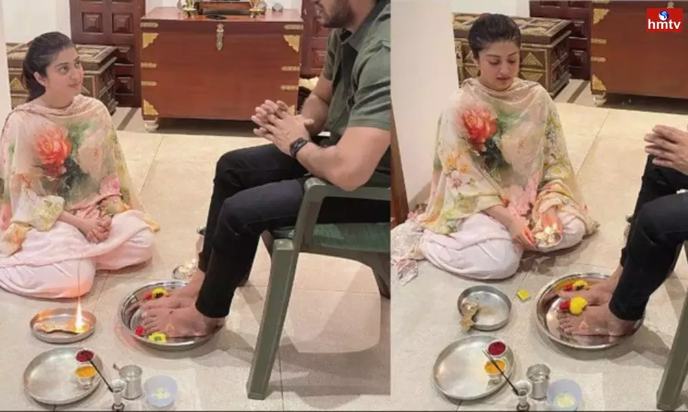 Actress Pranitha Subhash Gave Clarity on Sitting At Her Husbands Feet