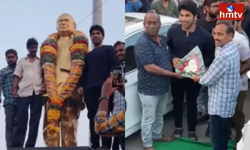 Allu Sirish Garlands Allu Ramalingaiah Statue in Palakollu Allu Sirish Garlands Allu Ramalingaiah Statue in Palakollu