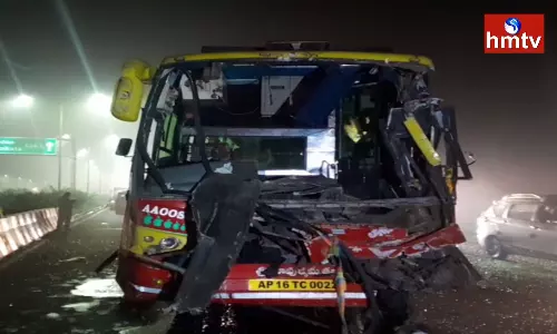 road accident on ongole national highway the bus hit the lorry in front