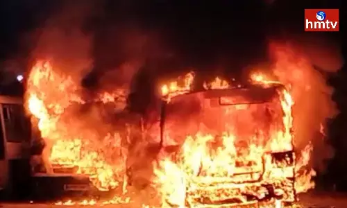 Fire Incident In Vijayawada Two RTC Buses Caught Fire At Vidyadharapuram Depot