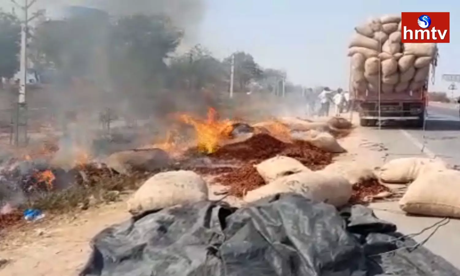 Fire In Mirchi Lorry At Mancherial District