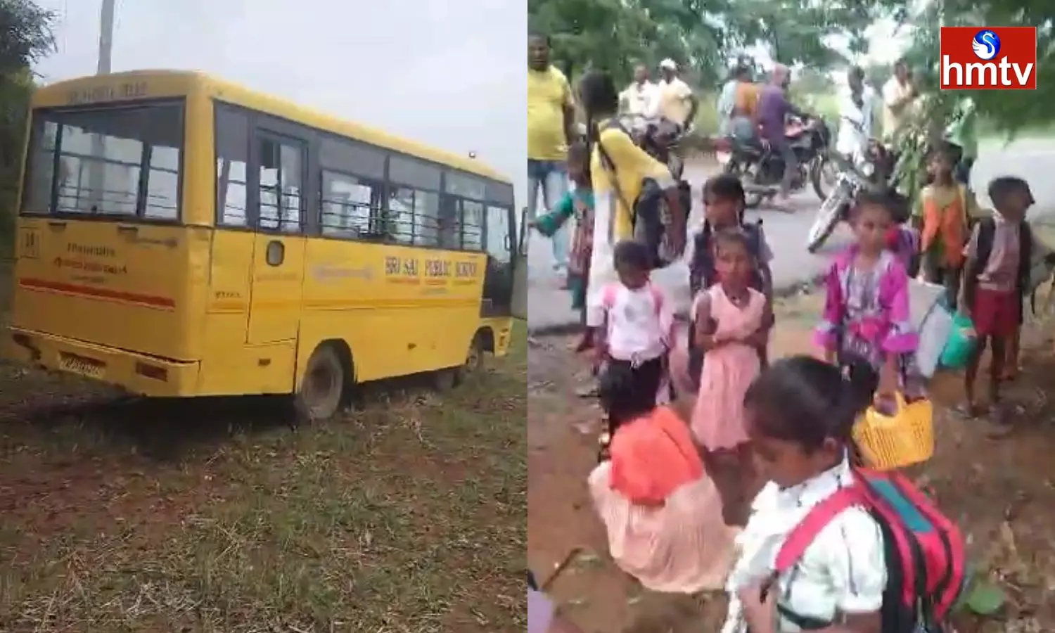 A School Bus Rammed into the Bushes on the Roadside in Mahabubabad