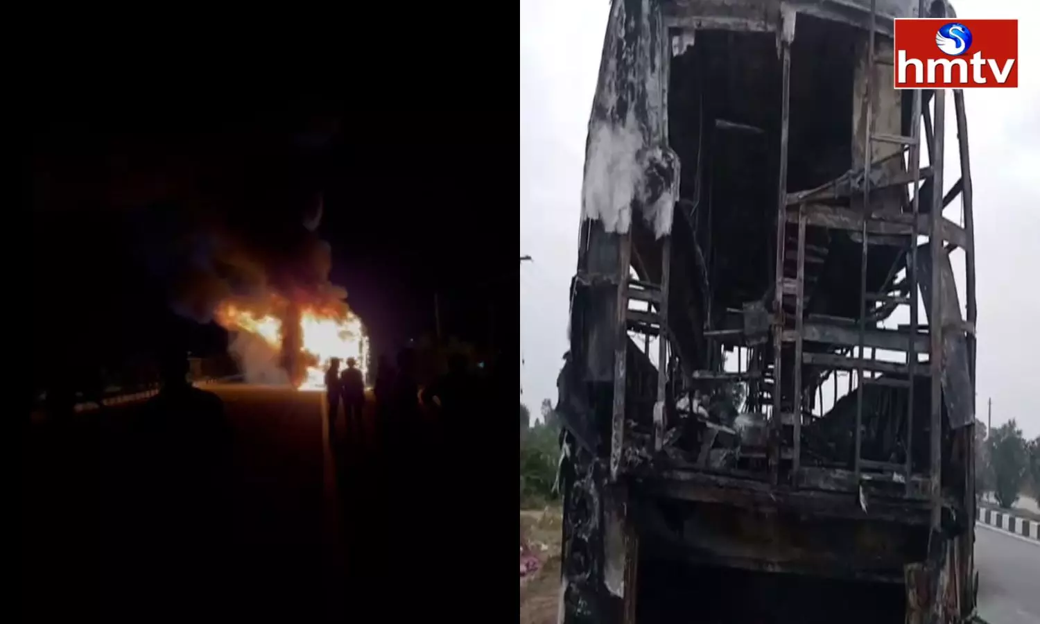A Travel Bus Caught Fire at Marriguda in Nalgonda District