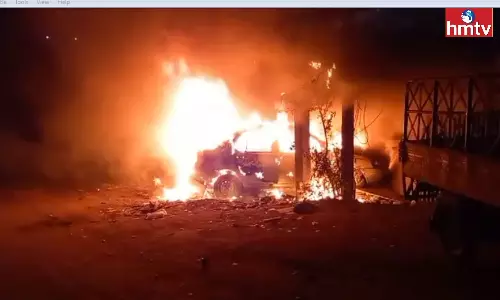 A Car caught Fire near Erragadda Flyover