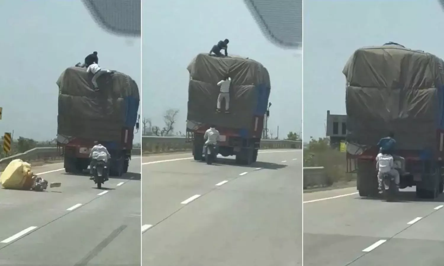 Three Thieves On Motorcycle Loot Moving Truck In Madhya Pradeshvideo Goes Viral