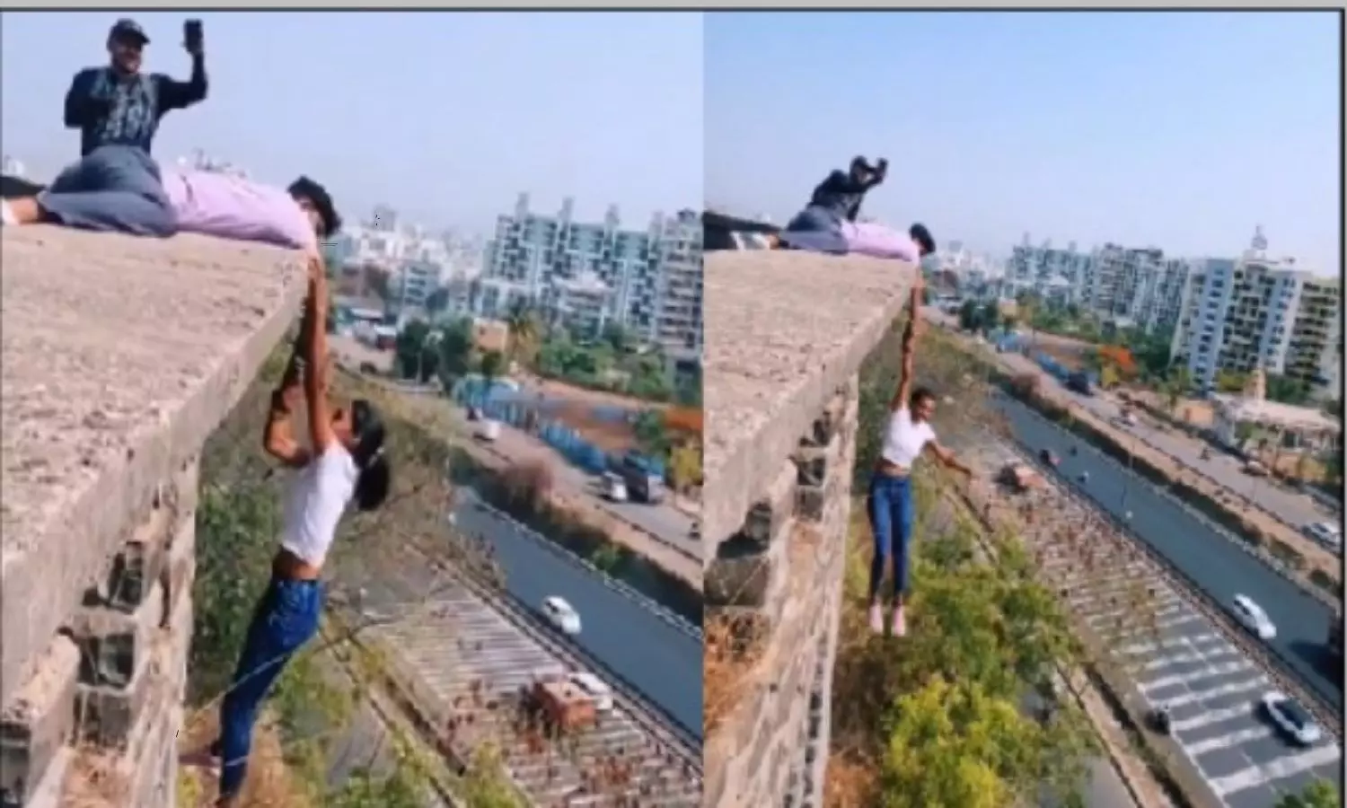 Pune Women Hangs  From top of the Building Video Goes Viral in Social Media