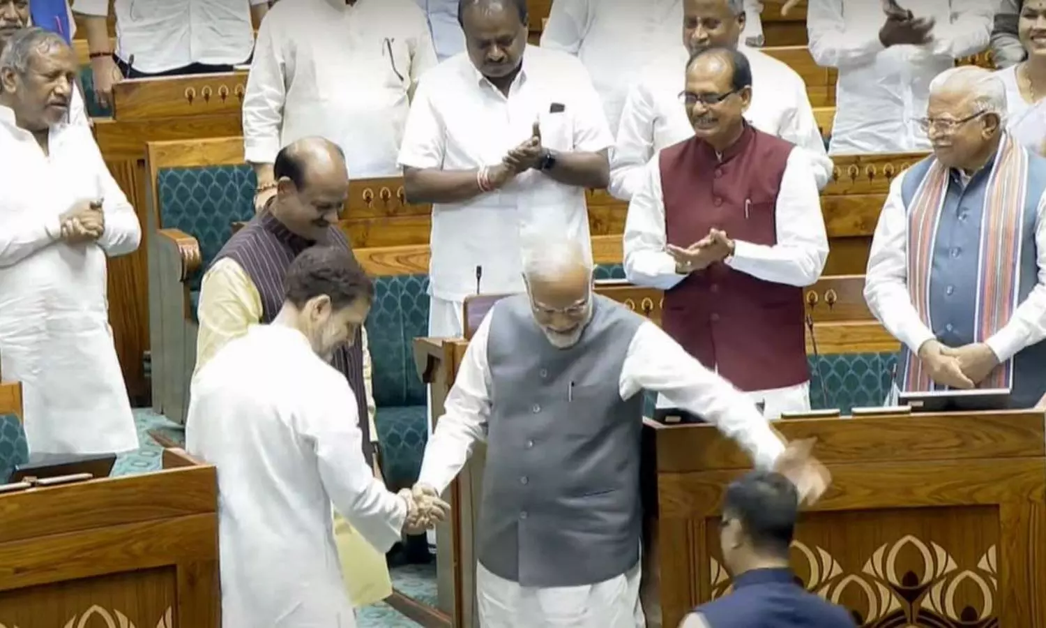 PM Modi Shakes Hands With Rahul Gandhi In Parliament