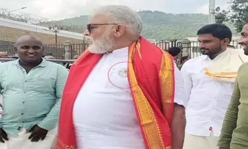 Ambati Rambabu Came to Tirumala With Jagan Sticker Ambati Rambabu Came to Tirumala With Jagan Sticker
