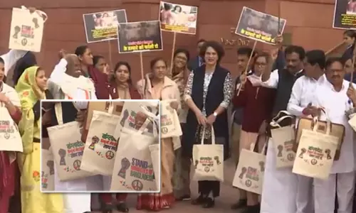 Priyanka Gandhi Carries Stand With Bangladesh Minorities bag to Parliament Priyanka Gandhi Carries Stand With Bangladesh Minorities bag to Parliament