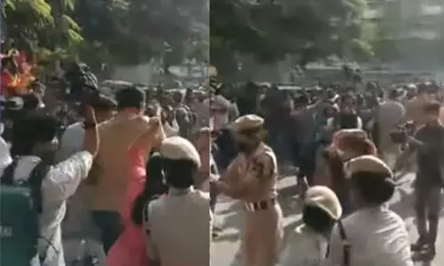 BJP workers protests against congress party in front of Gandhi Bhavan in Hyderabad BJP workers protests against congress party in front of Gandhi Bhavan in Hyderabad