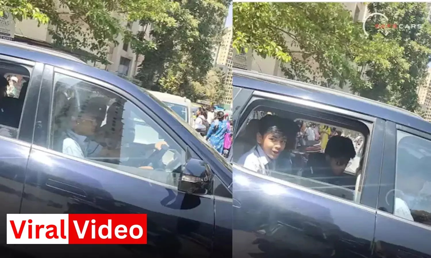 School Kids caught on camera while driving Mahindra XUV700 SUV car in traffic, viral video questions parenting