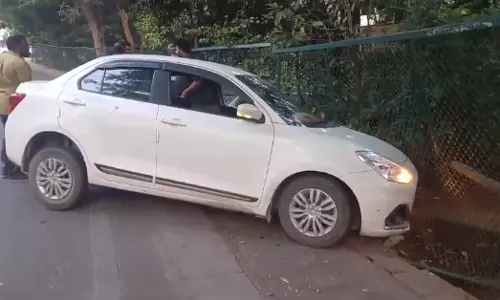 Speeding car hits footpath and fencing ouside actor Balakrishnas residence in Hyderabad