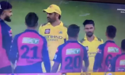RR players seen removing their caps before greeting MS Dhoni after RR vs CSK match finished