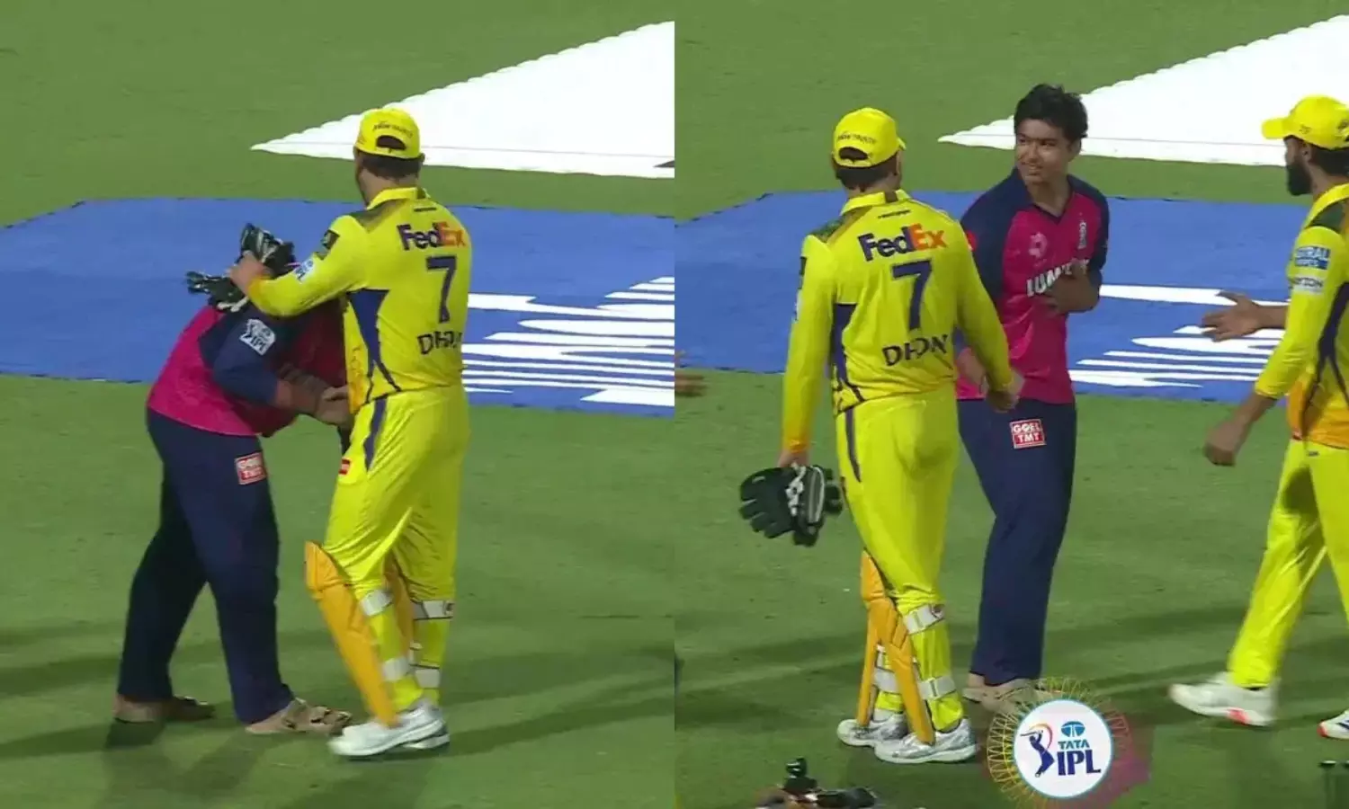 vaibhav suryavanshi touched ms dhoni feet in csk vs rr ipl match video viral vaibhav suryavanshi touched ms dhoni feet in csk vs rr ipl match video viral