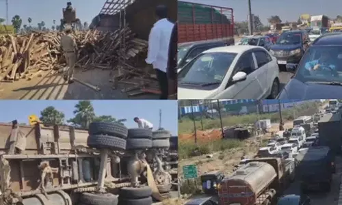 Traffic Jam: కట్టెల లారీ బోల్తా.. హైదరాబాద్ విజయవాడ రహదారిపై ట్రాఫిక్ జామ్