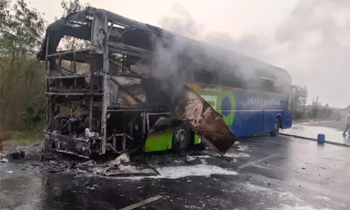ఎన్టీఆర్ జిల్లాలో జాతీయరహదారిపై ప్రైవేట్ ట్రావెల్స్ బస్సు దగ్ధం